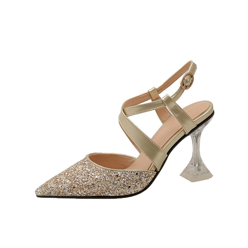 Sandals Women Glitter Clear High Heels Pointed Cross Strap Slingback Lady Shoe Ankle Strap Buckle Party Pumps Bride Big Size 43