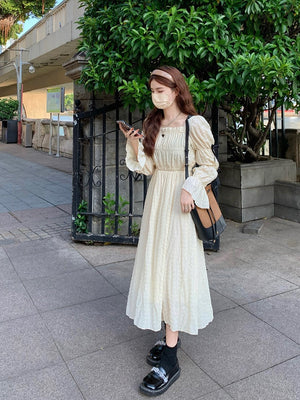 Spring  Women Chic Puff Sleeve Cute Solid Fairy Dress Elegant  High Waist Princess Summer A-Line Long Dress Femme Robe Holiday