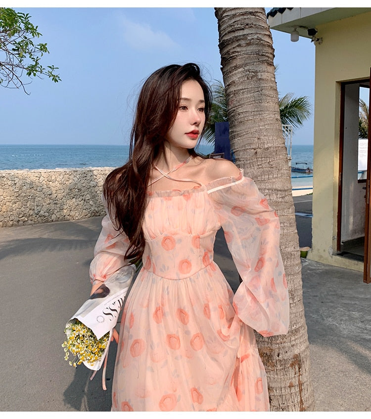 Holiday Pink Beach Dress Long Sleeve Floral Dress Women's Summer A-line Midi Princess Sweet Fairy Dress Sundress Femme Robe