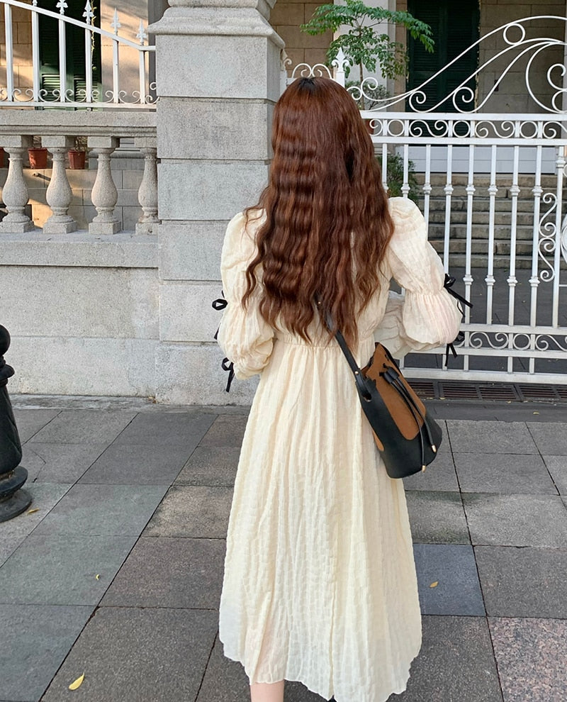 Spring  Women Chic Puff Sleeve Cute Solid Fairy Dress Elegant  High Waist Princess Summer A-Line Long Dress Femme Robe Holiday