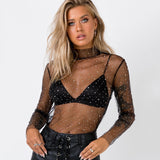 goosudu  See Through Diamond Beads Mesh Women Tops Black Long Sleeve Round Neck Short Tops Women Spring Skinny Fashion Streetwear