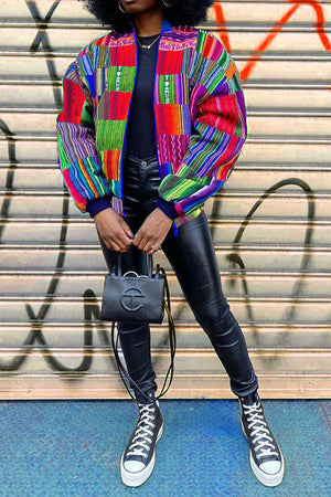 Goosudu Colorful Striped Classic Zipper Coat