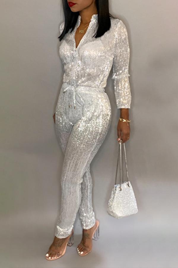 Goosudu Solid Sequin Zip Collar Drawstring Plus Size Jumpsuit