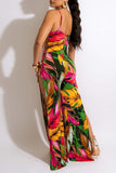 Goosudu Tropical Spaghetti Straps Slit Leg Jumpsuit