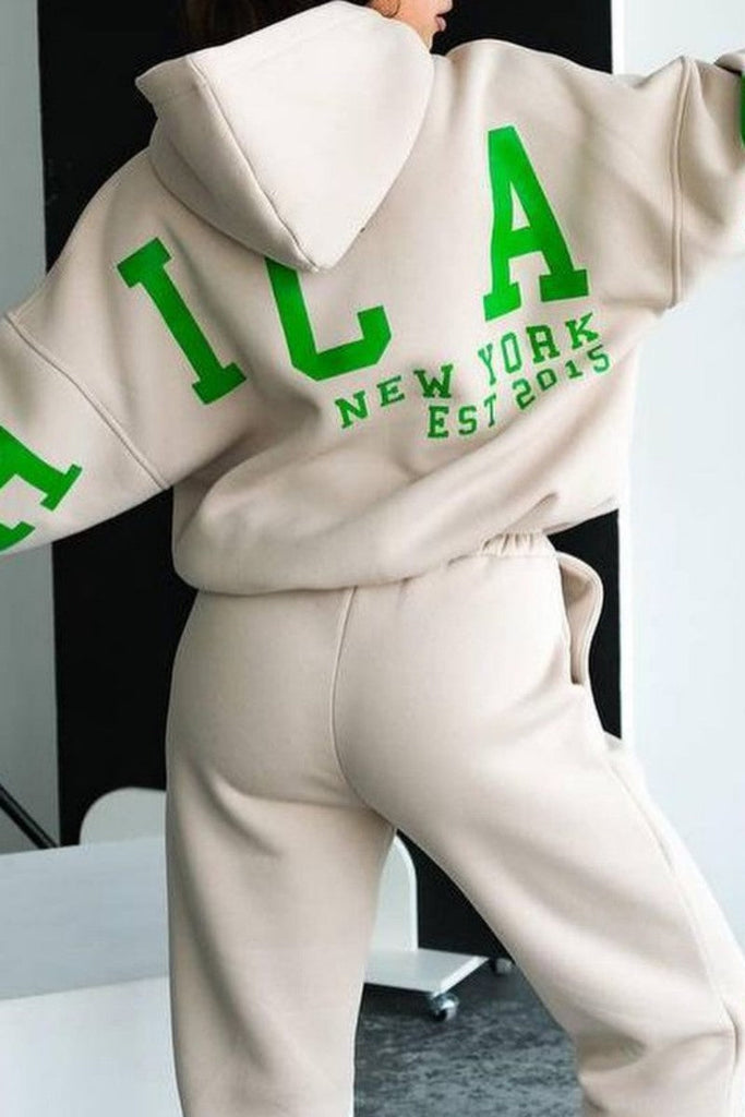 Goosudu Casual Letter Print Patchwork Hooded Collar Long Sleeve Two Pieces