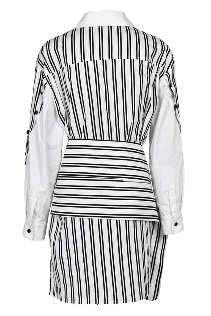 Goosudu Casual Striped Print Hollowed Out Patchwork POLO collar Shirt Dress Dresses