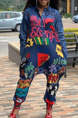 Goosudu Pretty Geometric Print Denim Jumpsuit