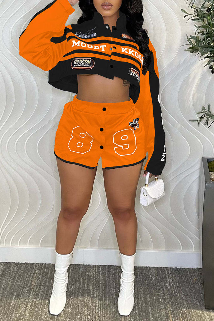 Goosudu Casual Street Print Patchwork Turndown Collar Long Sleeve Two Pieces