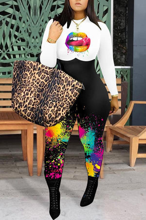 Goosudu Fashion Splash-ink Elements Lip Print Color Matching Plus Size Jumpsuit