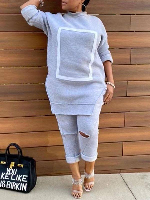 Goosudu Side-Slit Sweatshirt & Ripped Pants Set