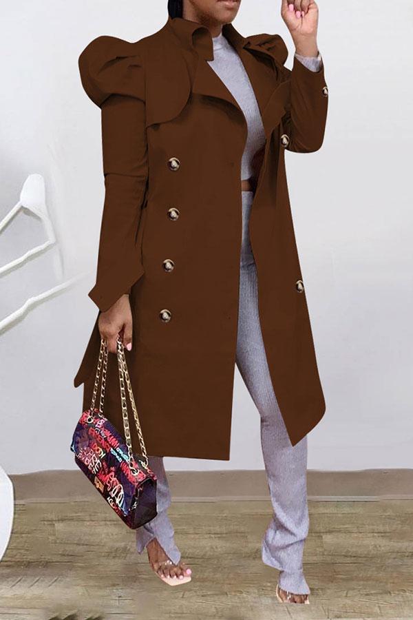 Goosudu Solid Color Classic Double Breasted Belt Trench Coat