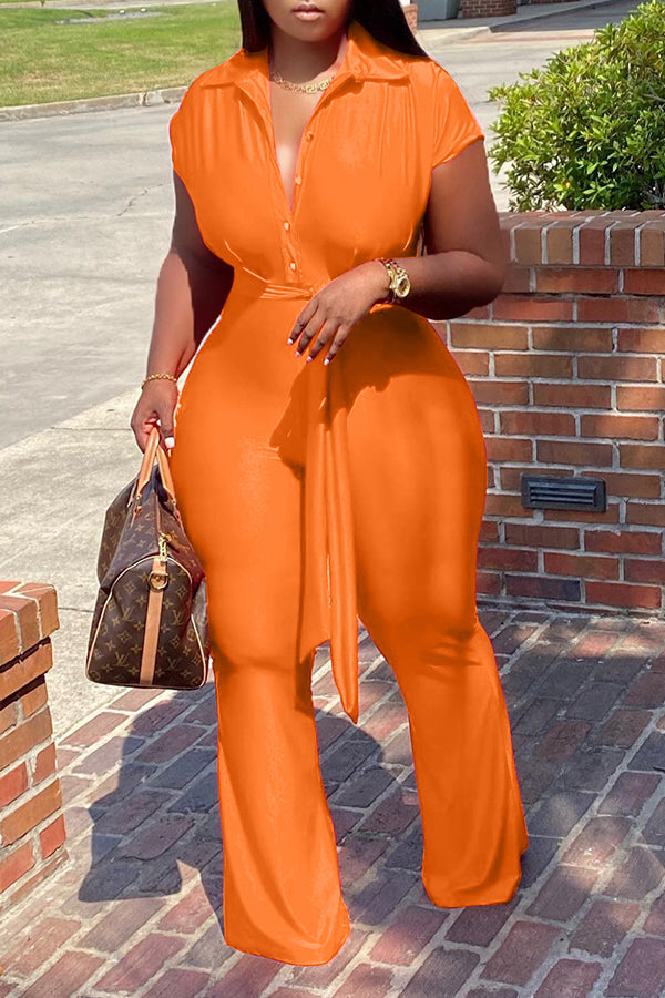 Goosudu Fashion Shirt Collar Breasted Wide Leg Jumpsuit Belted