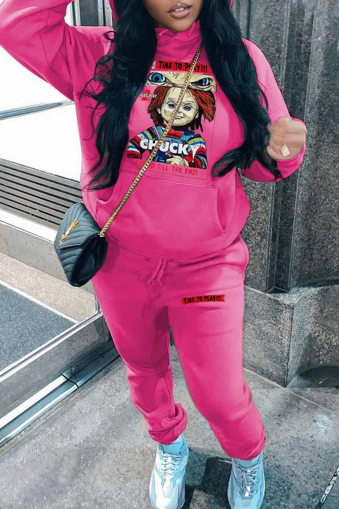 Goosudu Casual Print Letter Hooded Collar Long Sleeve Two Pieces