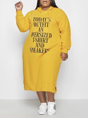 Goosudu Plus Size Slogan Side-Slit Hoodie Dress