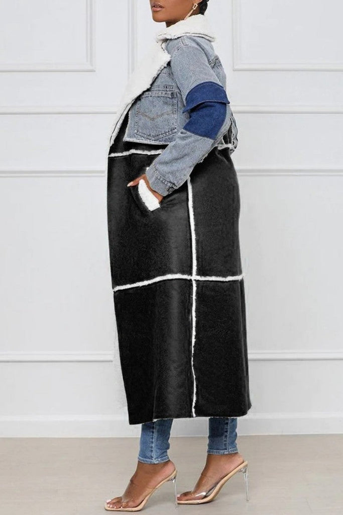 Goosudu Casual Patchwork Cardigan Turndown Collar Long Sleeve Regular Denim Jacket