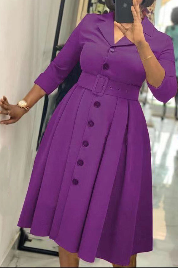 Goosudu Commuter 3/4 Lenght Sleeve Lapel Belt A-Line Single Breasted Mini Dress