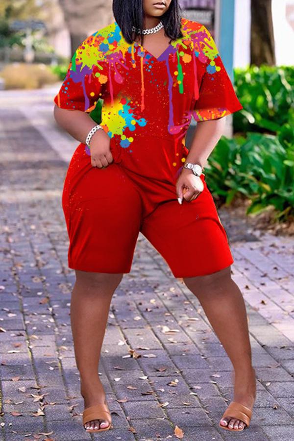 Goosudu Casual Loose Pocket Graffiti Print Short Sleeved Rompers