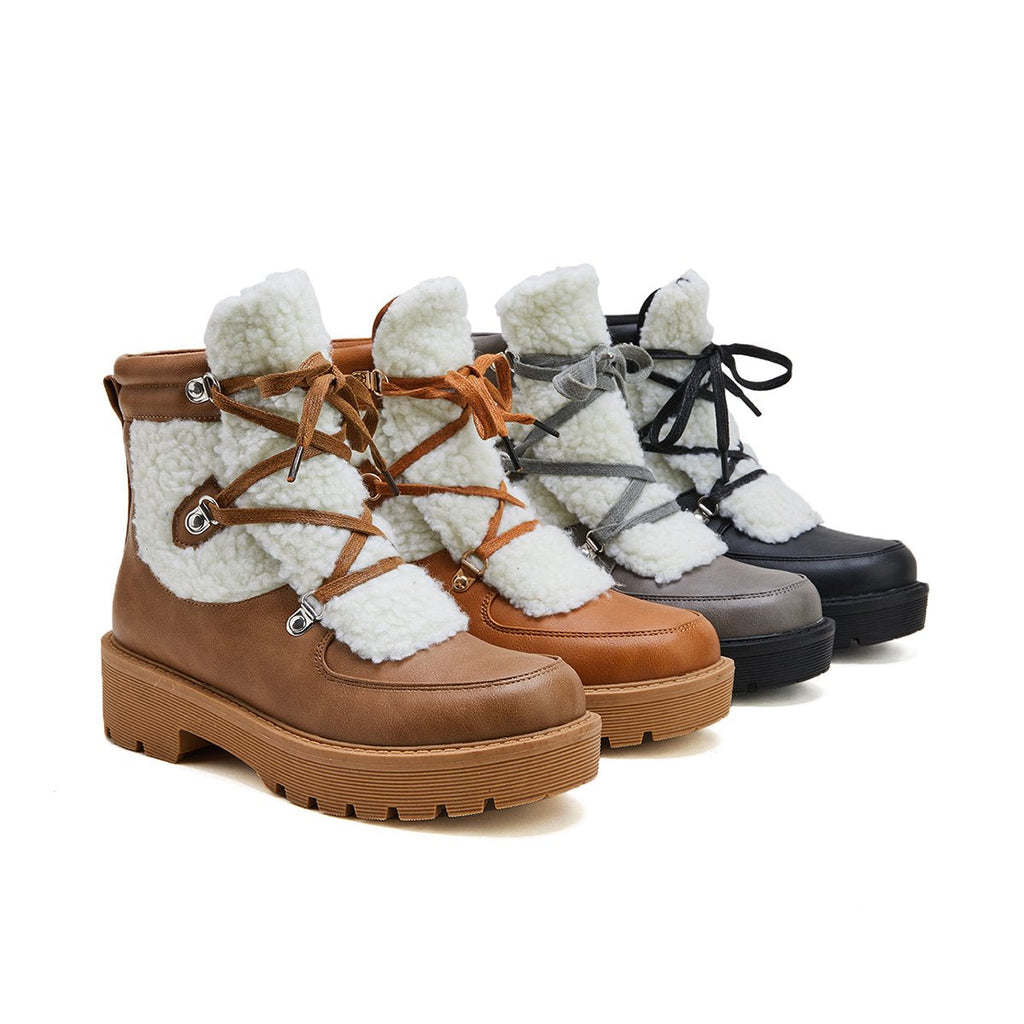 Goosudu Women's Faux Shearling Stiching Lace Up Snow Boots