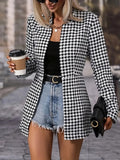 Goosudu Women's Houndstooth Jacket Stand Collar Cardigan Houndstooth Slim Fit Coat