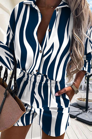 Goosudu Fashion Print Patchwork Turndown Collar Long Sleeve Two Pieces