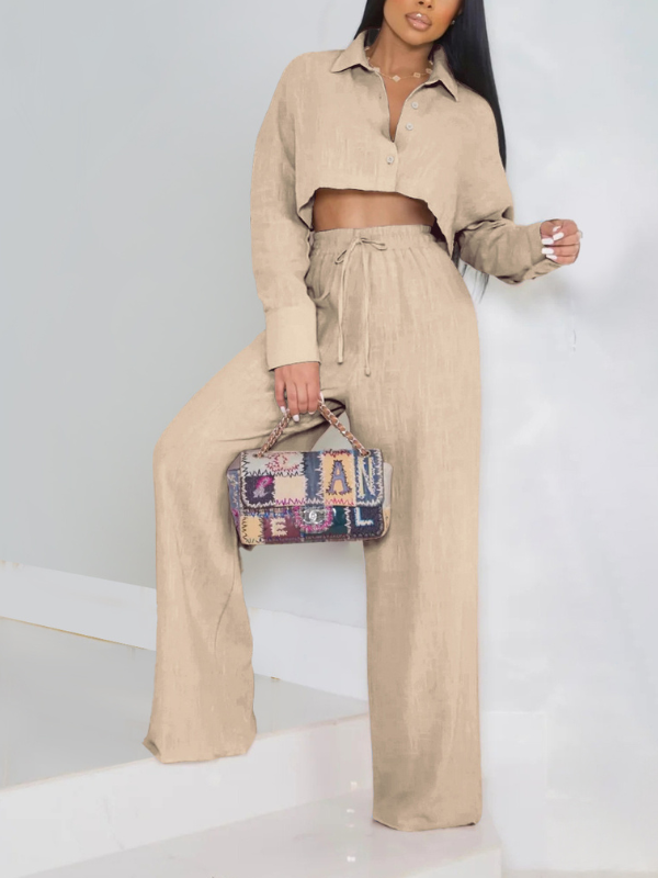 Goosudu Solid Cropped Shirt & Wide-Leg Pants Set