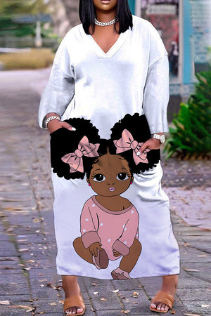 Goosudu Casual Print Basic V Neck Long Sleeve Dresses