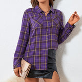 Goosudu Women's Cotton Plaid Shirt Light Weight Long Sleeve Lapel Plaid Shirt
