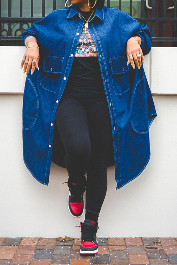 Goosudu Solid Color Relaxed Pocket Irregular Denim Trench Coat