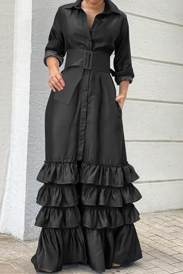 Goosudu Solid Color Lapel Belt Shirt Maxi Dress