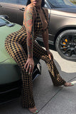 Goosudu Sexy Houndstooth Print Deep V Neck Slim Fit Halter Jumpsuits