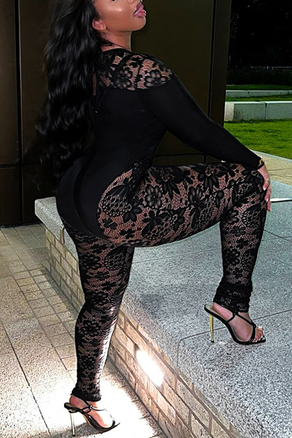 Goosudu Lace High Waist Slim Fit Hip Casual Jumpsuit