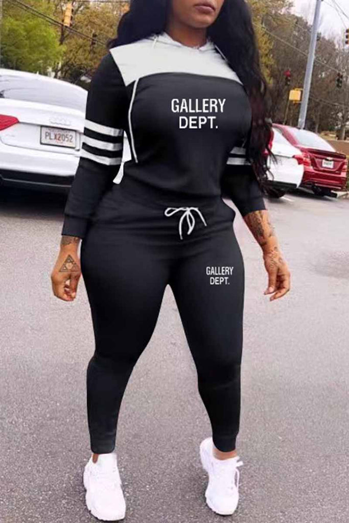 Goosudu Casual Print Patchwork Letter Hooded Collar Long Sleeve Two Pieces