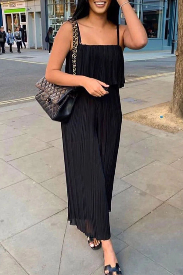 Goosudu Sleek Loose Pleated Ruffled Wrap-chest Sling Jumpsuit