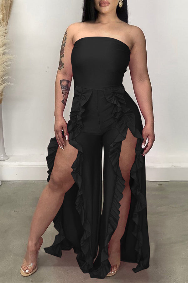 Goosudu Fashion New Solid Color Wrap Chest Ruffle Jumpsuit