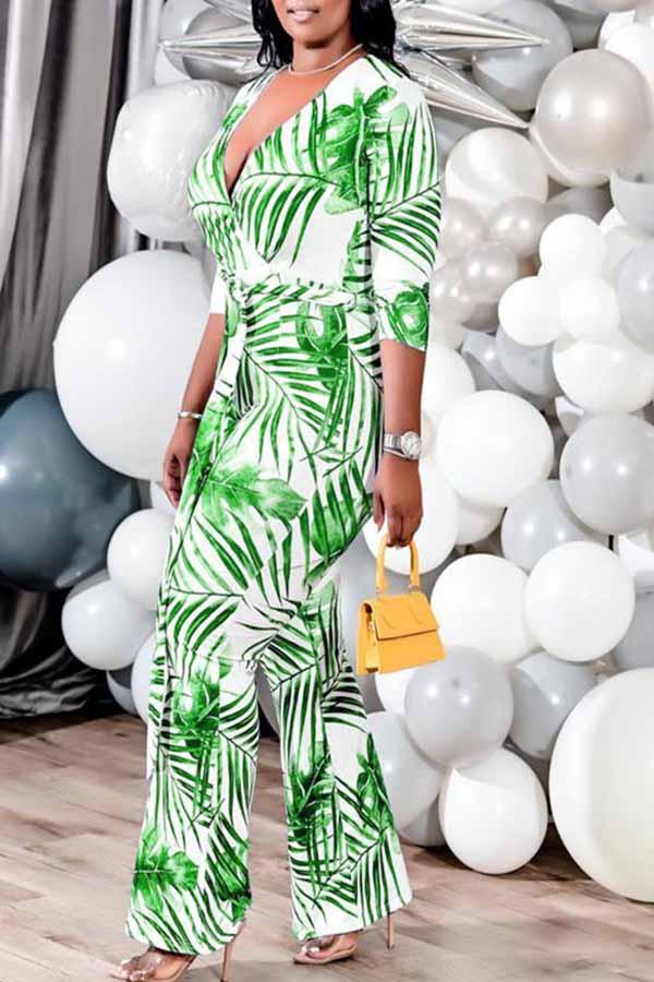 Goosudu Plus Size Palm 3/4 Length Sleeve Tie Waist Jumpsuit