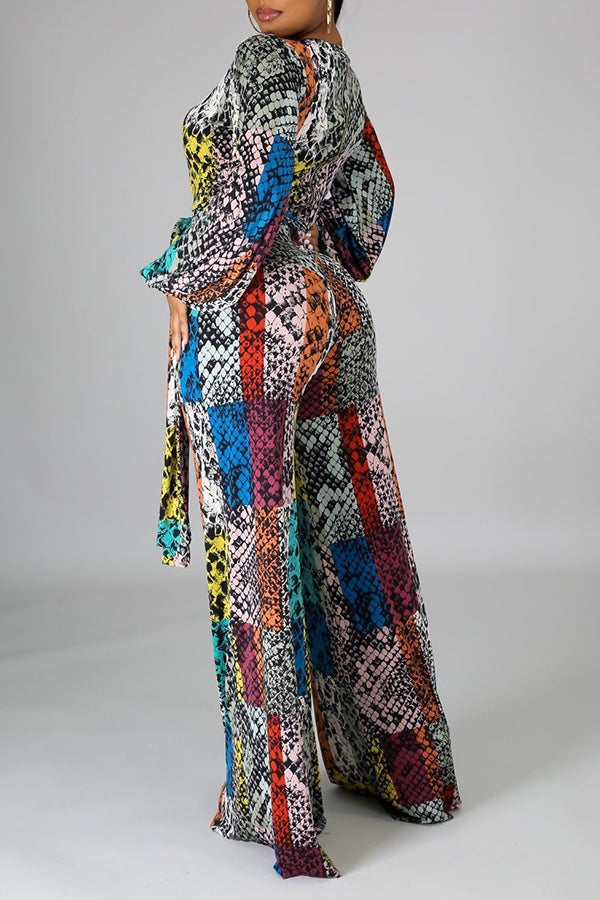 Goosudu Fashion Printed Flared Wide-leg Long-sleeved Jumpsuit