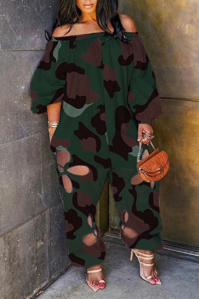 Goosudu Plus Size Sexy Street Print Hollowed Out Cut Out Off the Shoulder Plus Size Jumpsuits