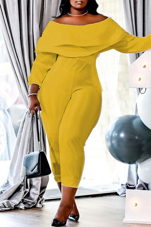 Goosudu Plus Size Off Shoulder Ruffled Long Sleeve Jumpsuit