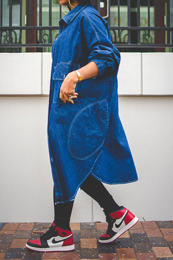 Goosudu Solid Color Relaxed Pocket Irregular Denim Trench Coat