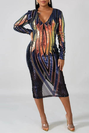 Goosudu Casual Patchwork Sequins V Neck Long Sleeve Dresses