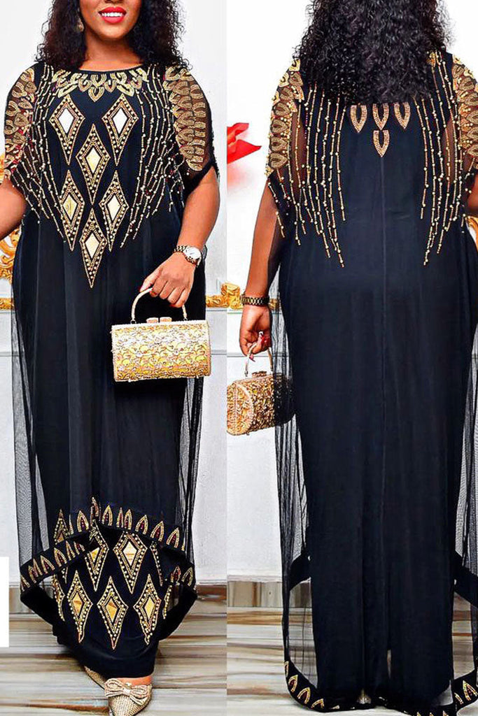 Goosudu Celebrities Solid Patchwork Hot Drill O Neck Long Dress Plus Size Two Pieces