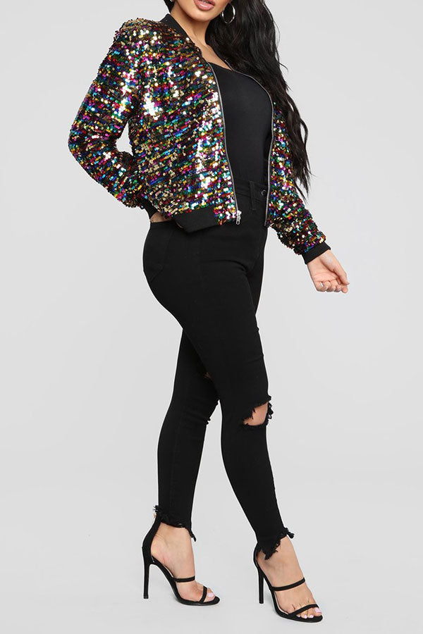 Goosudu Colorful Sequined Zipper Bomber Jacket