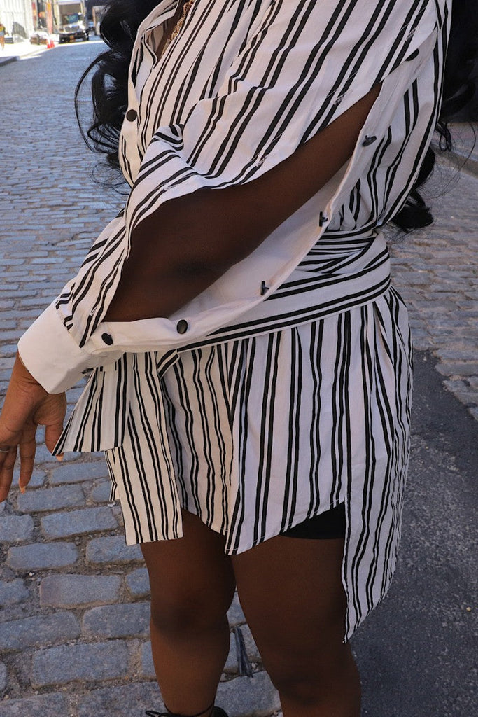 Goosudu Casual Striped Print Hollowed Out Patchwork POLO collar Shirt Dress Dresses