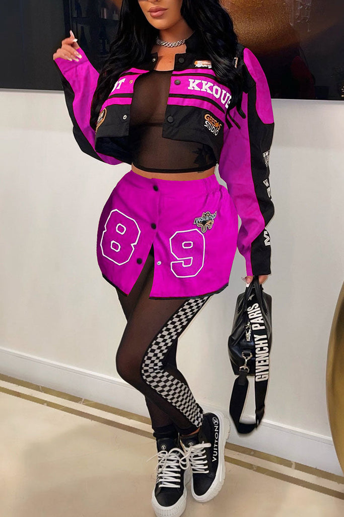 Goosudu Casual Street Print Patchwork Turndown Collar Long Sleeve Two Pieces