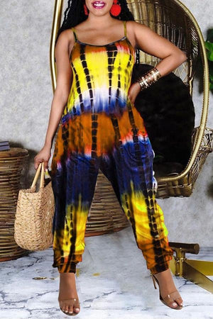 Goosudu Tie Dye U Collar Pocket Casual Jumpsuit