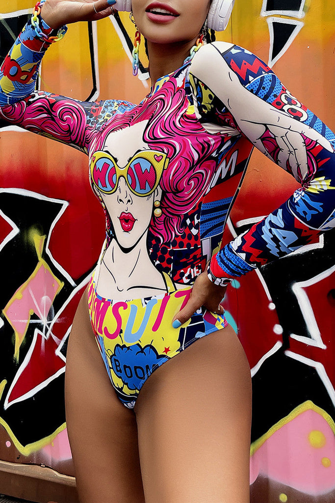 Goosudu Fashion Sexy Print Basic Long Sleeves Swimwears