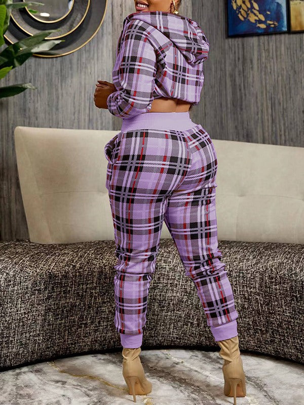 Goosudu Plaid Zip-Front Hoodie & Pants Set