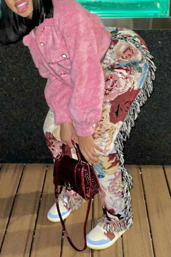 Goosudu Fashion Casual Regular Print Fringe Edge Pants