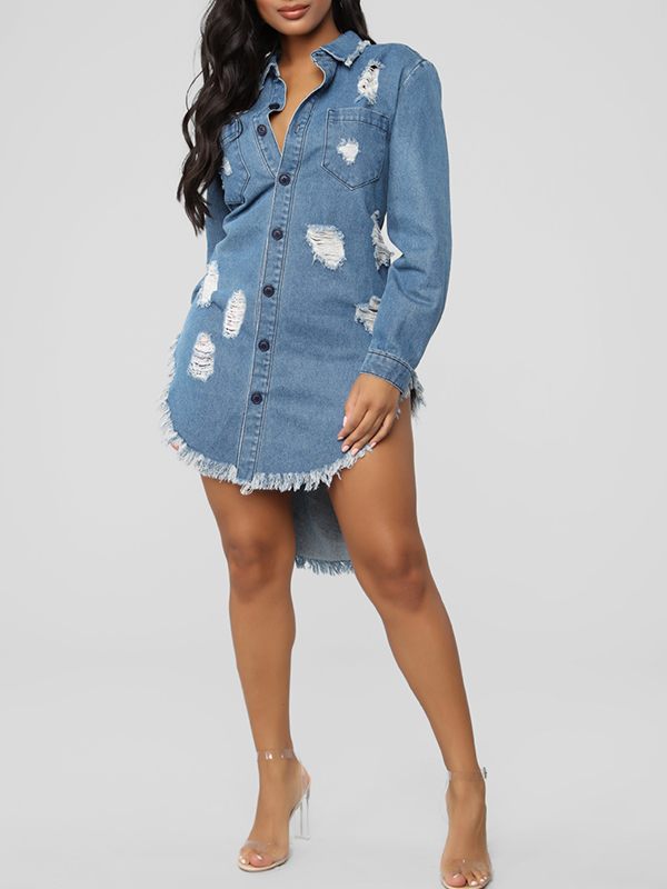 Goosudu Raw-Hem Ripped Denim Shirt Dress