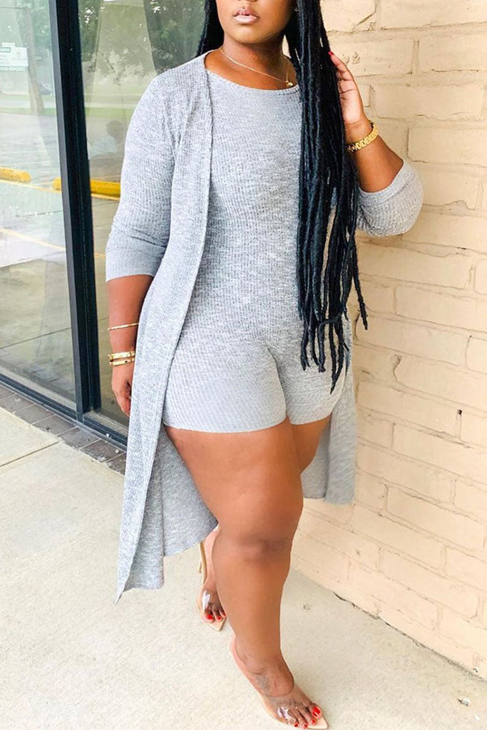 Goosudu Casual Solid Patchwork O Neck Plus Size Two Pieces